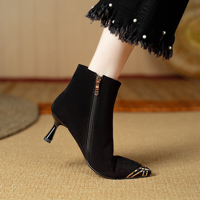 ChicZip Solid Leather Pointed Toe High Heel Boots