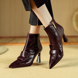 Chic Cow Leather Pointed Toe High Heeled Boots