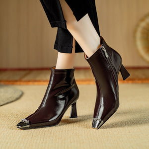 Chic Cow Leather Square Toe High Heeled Boots