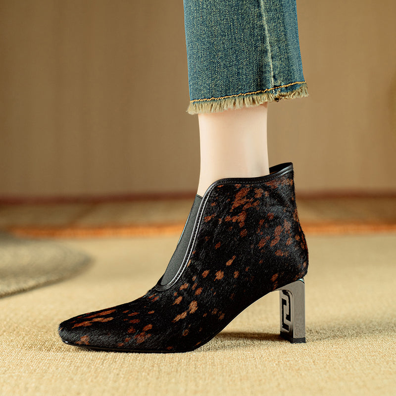 Chic Horse Hair Leather Square Toe High Heeled Boots