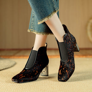 Chic Horse Hair Leather Square Toe High Heeled Boots