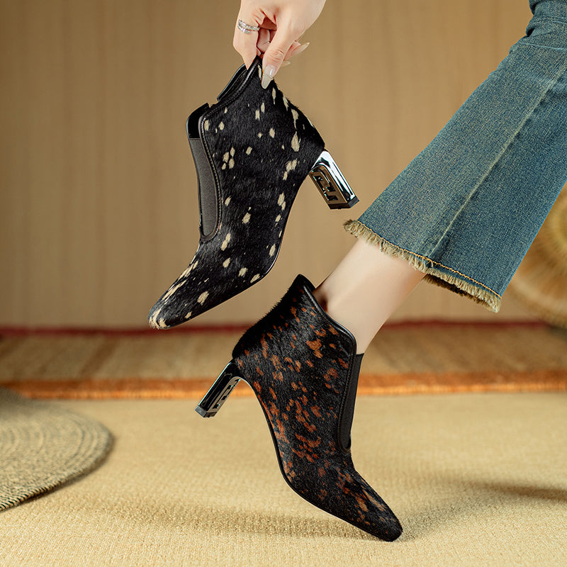 Chic Horse Hair Leather Square Toe High Heeled Boots