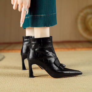 Chic Cow Leather Pointed Toe High Heeled Boots