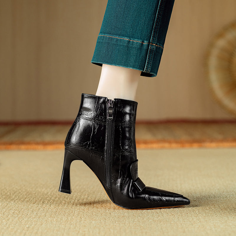 Chic Cow Leather Pointed Toe High Heeled Boots