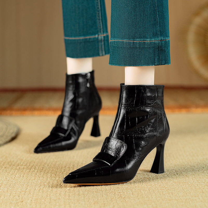 Chic Cow Leather Pointed Toe High Heeled Boots