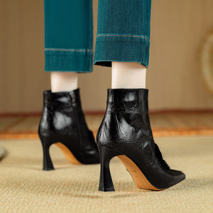 Chic Cow Leather Pointed Toe High Heeled Boots