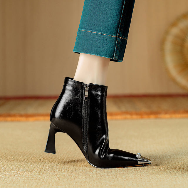 Chic Cow Leather Square Toe High Heeled Boots