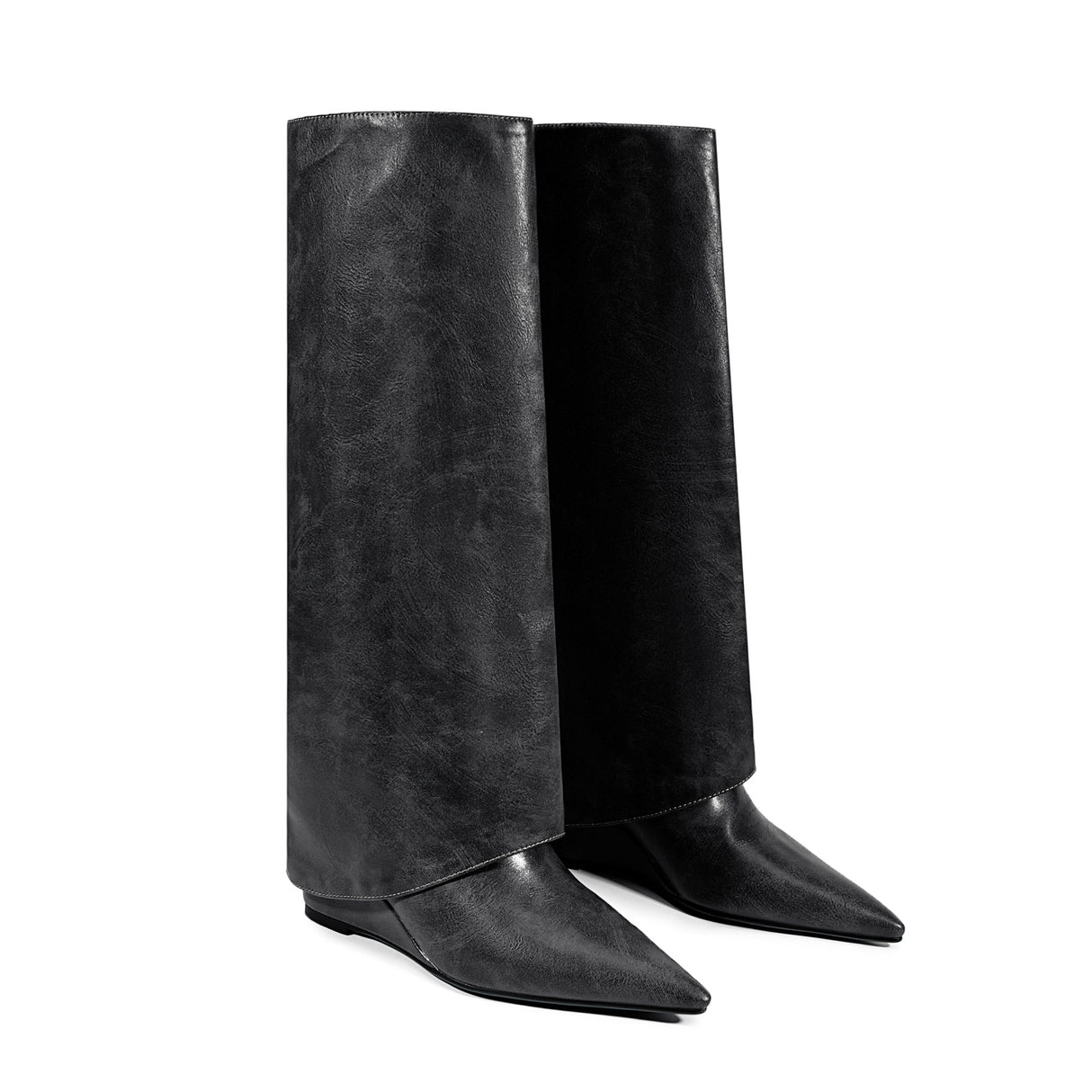 ChicExoLeather Pointed Toe Thick Heels Long Boots