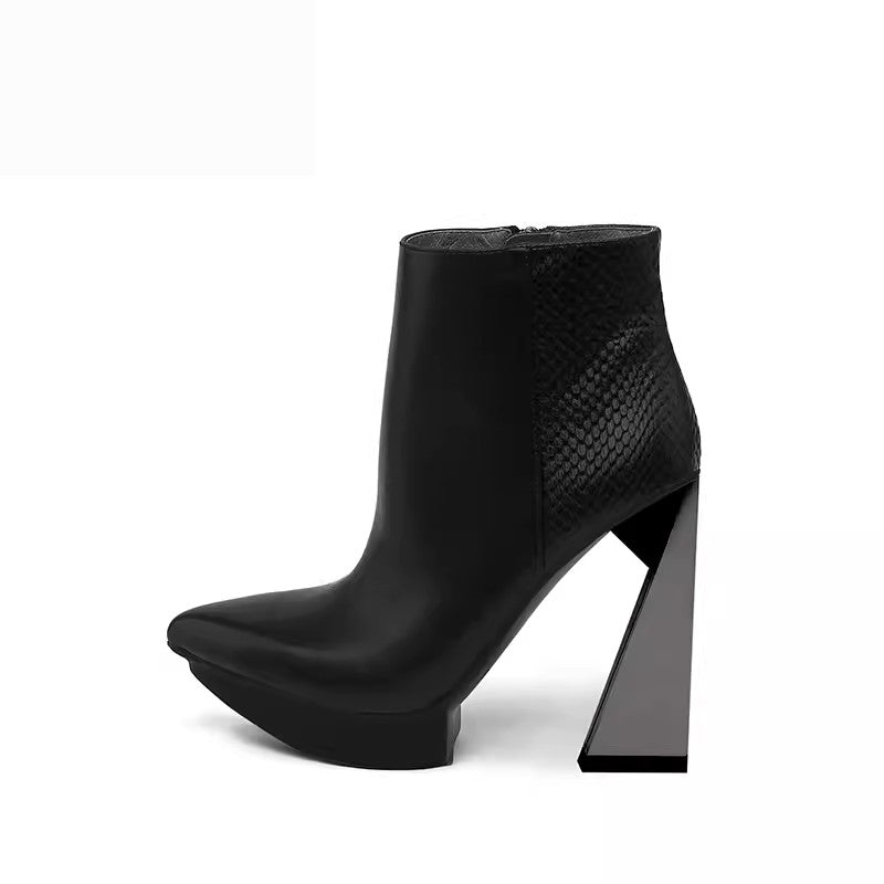 ChicLux Leather Pointed Toe Platform Ankle Boots