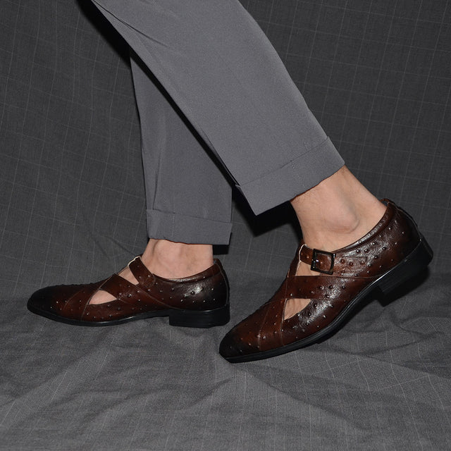 Lavish Leather Peep Toe Buckle Sandals