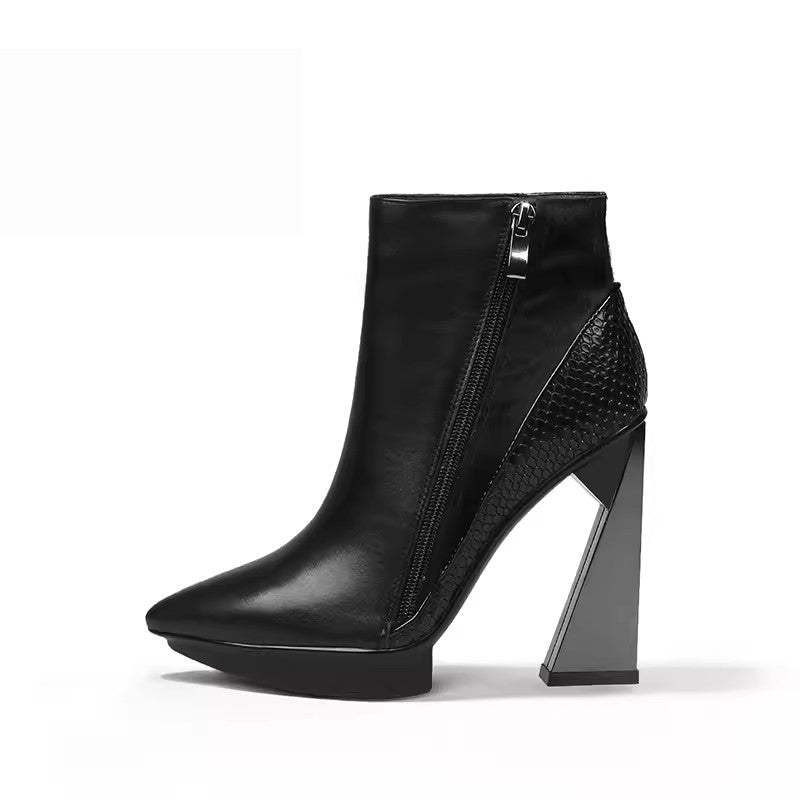 ChicLux Leather Pointed Toe Platform Ankle Boots