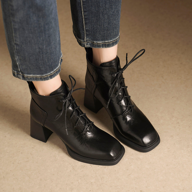 Chic Leather Square Toe Zip High Heel Boots