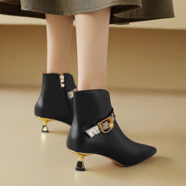 ChicZip Solid Leather Pointed Toe High Heel Boots