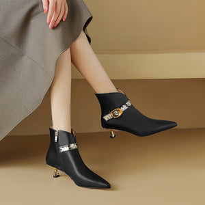 ChicZip Solid Leather Pointed Toe High Heel Boots