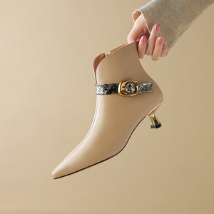 ChicZip Solid Leather Pointed Toe High Heel Boots