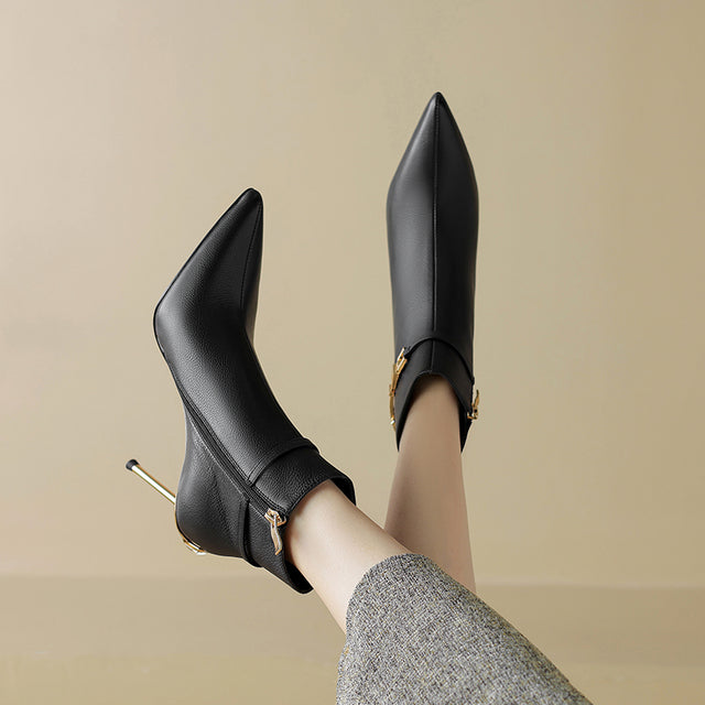 ChicZip Solid Leather Pointed Toe High Heel Boots