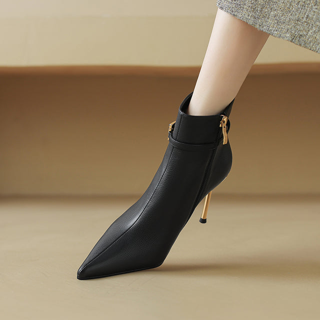 ChicZip Solid Leather Pointed Toe High Heel Boots