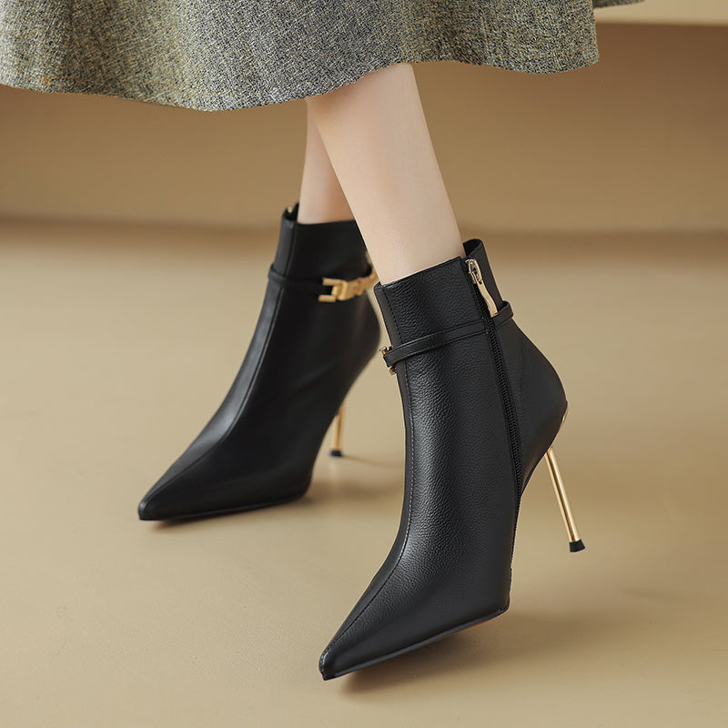 ChicZip Solid Leather Pointed Toe High Heel Boots