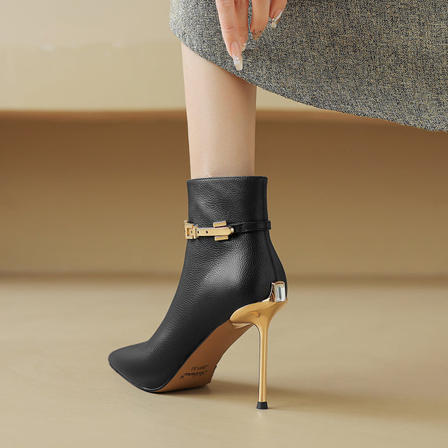 ChicZip Solid Leather Pointed Toe High Heel Boots