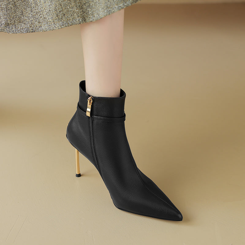 ChicZip Solid Leather Pointed Toe High Heel Boots