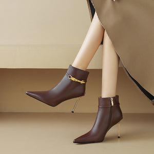 ChicZip Solid Leather Pointed Toe High Heel Boots