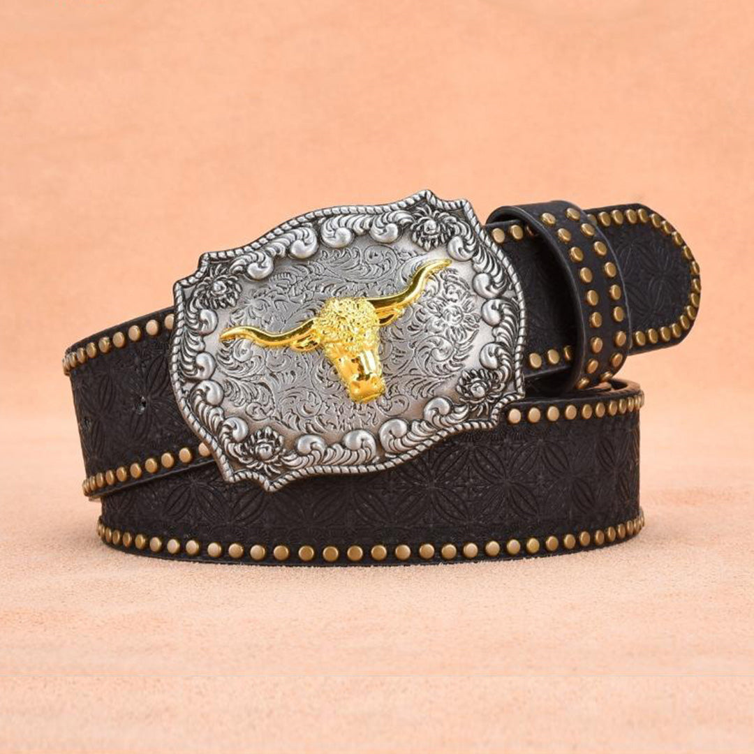 Western Brown Leather Belt with Light Blue Longhorn Rhinestones 34