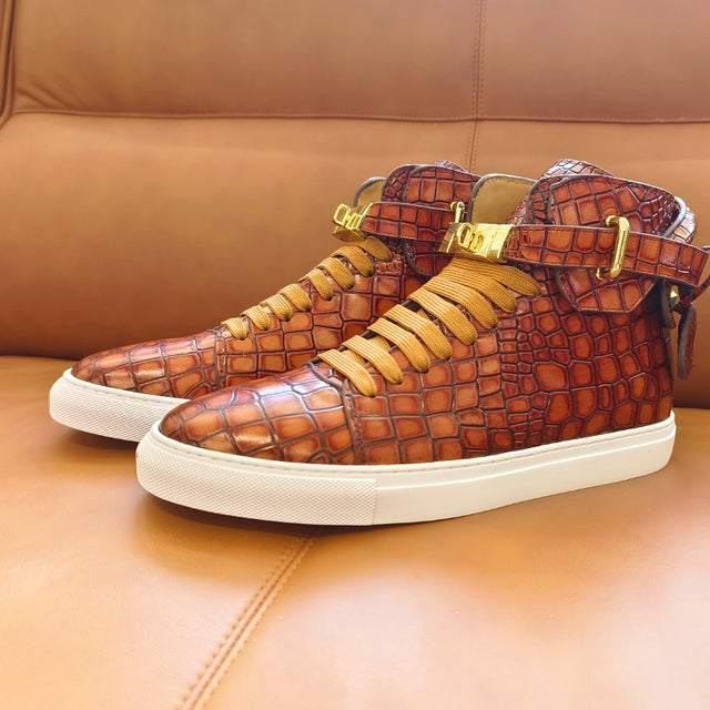 LuxeCroco Embossed High Top Designer Flat Sneakers