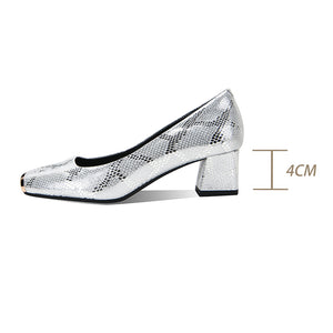 CrocoGlam Square Toe Slip-On Metal Heel Pumps