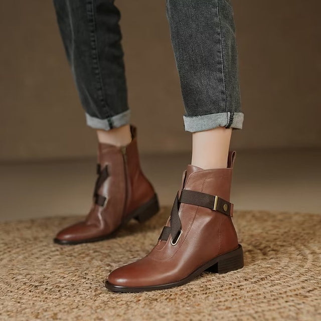 Chic Genuine Cow Leather Round Toe Ankle Boots