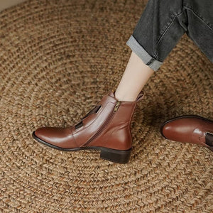 Chic Genuine Cow Leather Round Toe Ankle Boots
