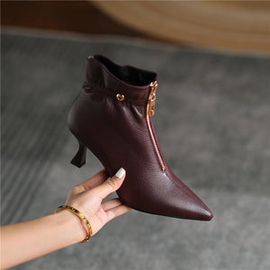 ChicZip Solid Leather Pointed Toe High Heel Boots