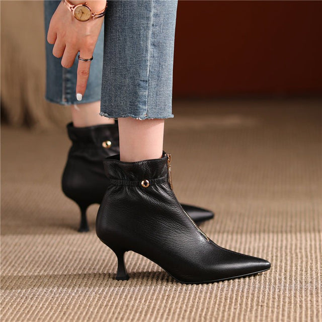 ChicZip Solid Leather Pointed Toe High Heel Boots