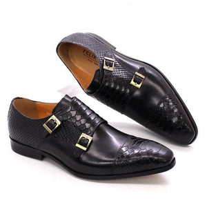 Glossy Leather Pointed Toe Monk Straps Dress Shoes