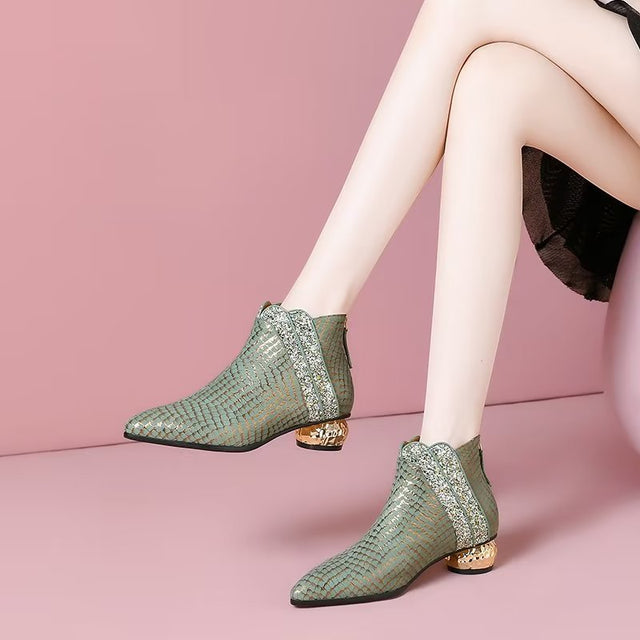 LeatherLux Exotic Texture Pointed Ankle Boots