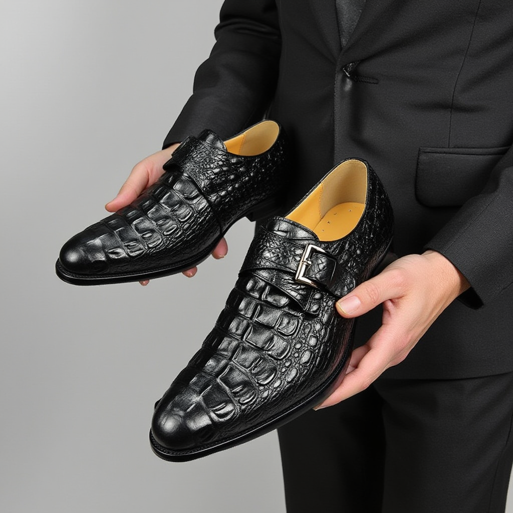 CrocoChic Leather Embossed Monkstrap Dress Shoes