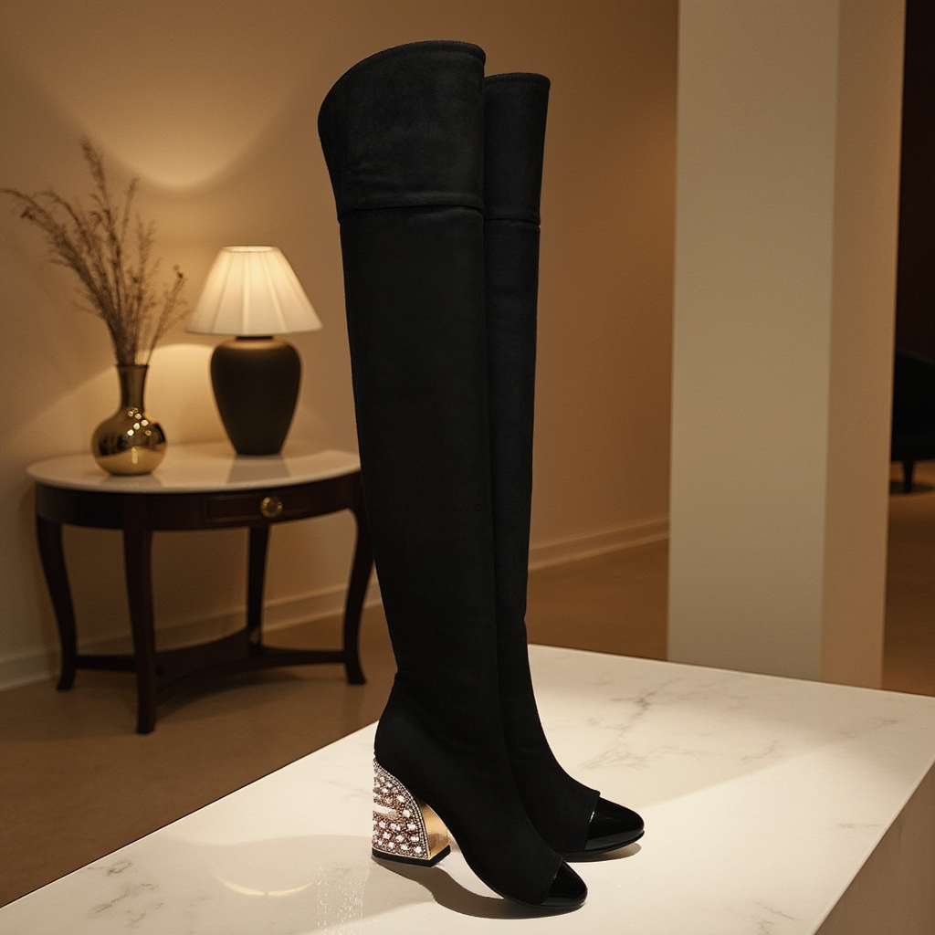 LuxeGold Exotic Pointed Toe Slip-on Knee-High Boots