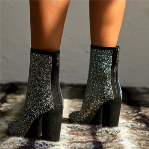 Rhinestone Glam Square Heel Nightclub Ankle Boots - FINAL SALE