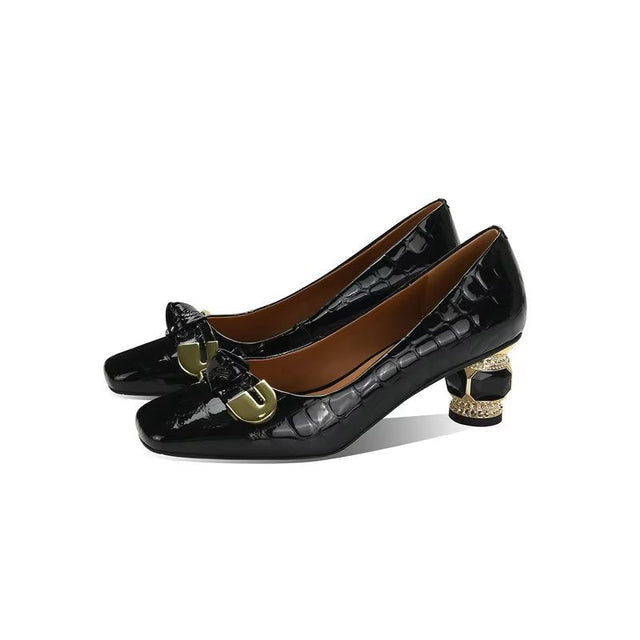 LuxeLeather Exotic Square Toe Slip-On Heels