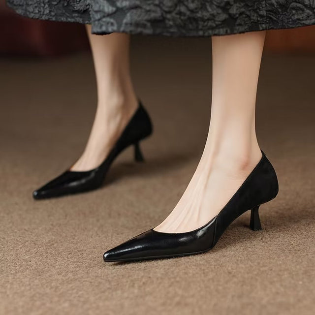 Luxury Leather Pointed Toe Slip On Heels