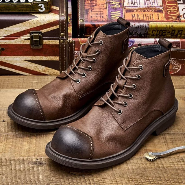Luxury Cow Leather Round Toe Lace-up Boots