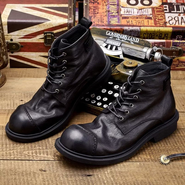 Luxury Cow Leather Round Toe Lace-up Boots