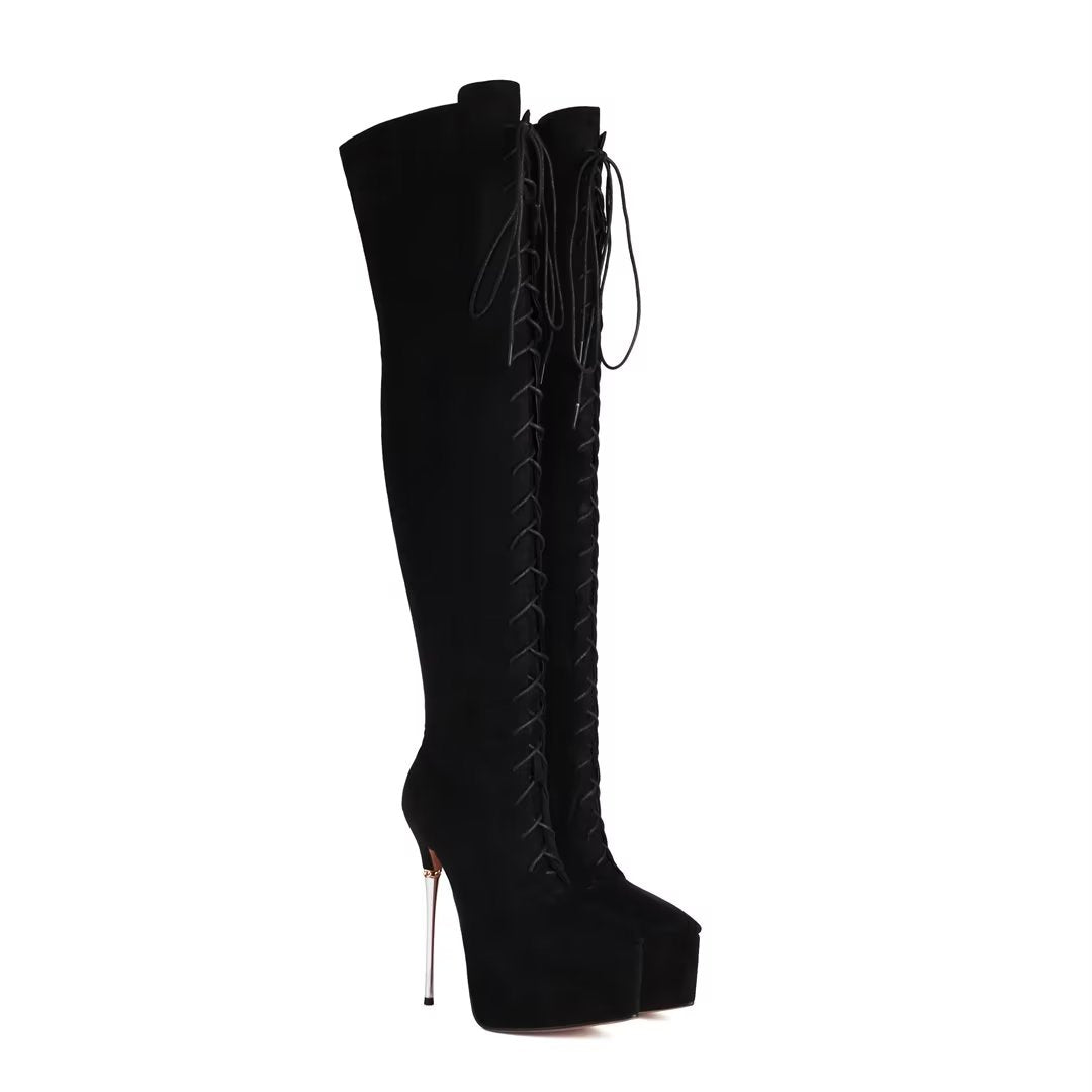 FemmeTower Smooth High-Heel Lace-Up Boots