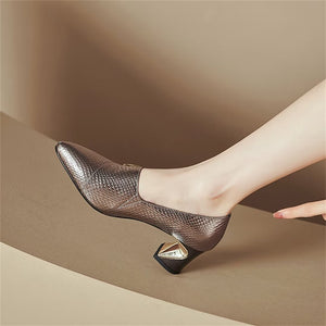 Comfortable Thick Heel Cow Leather Pumps