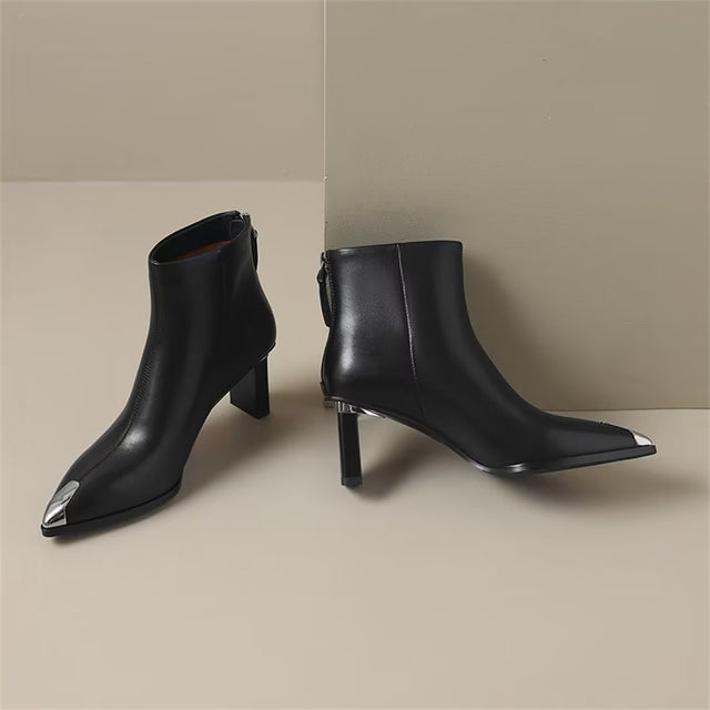 Elegant Cow Leather Pointed Toe Ankle Boots
