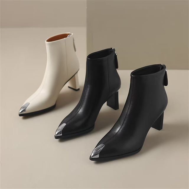 Elegant Cow Leather Pointed Toe Ankle Boots