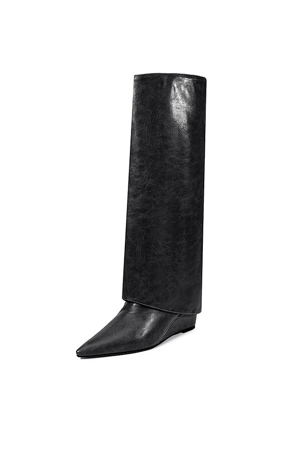 ChicExoLeather Pointed Toe Thick Heels Long Boots