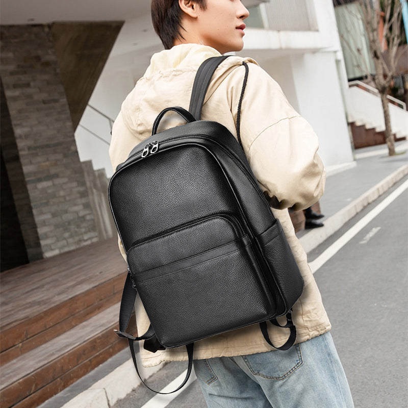 Luxury Leather Zip Laptop Backpack