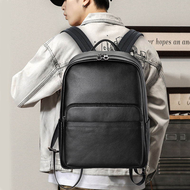 Luxury Leather Zip Laptop Backpack