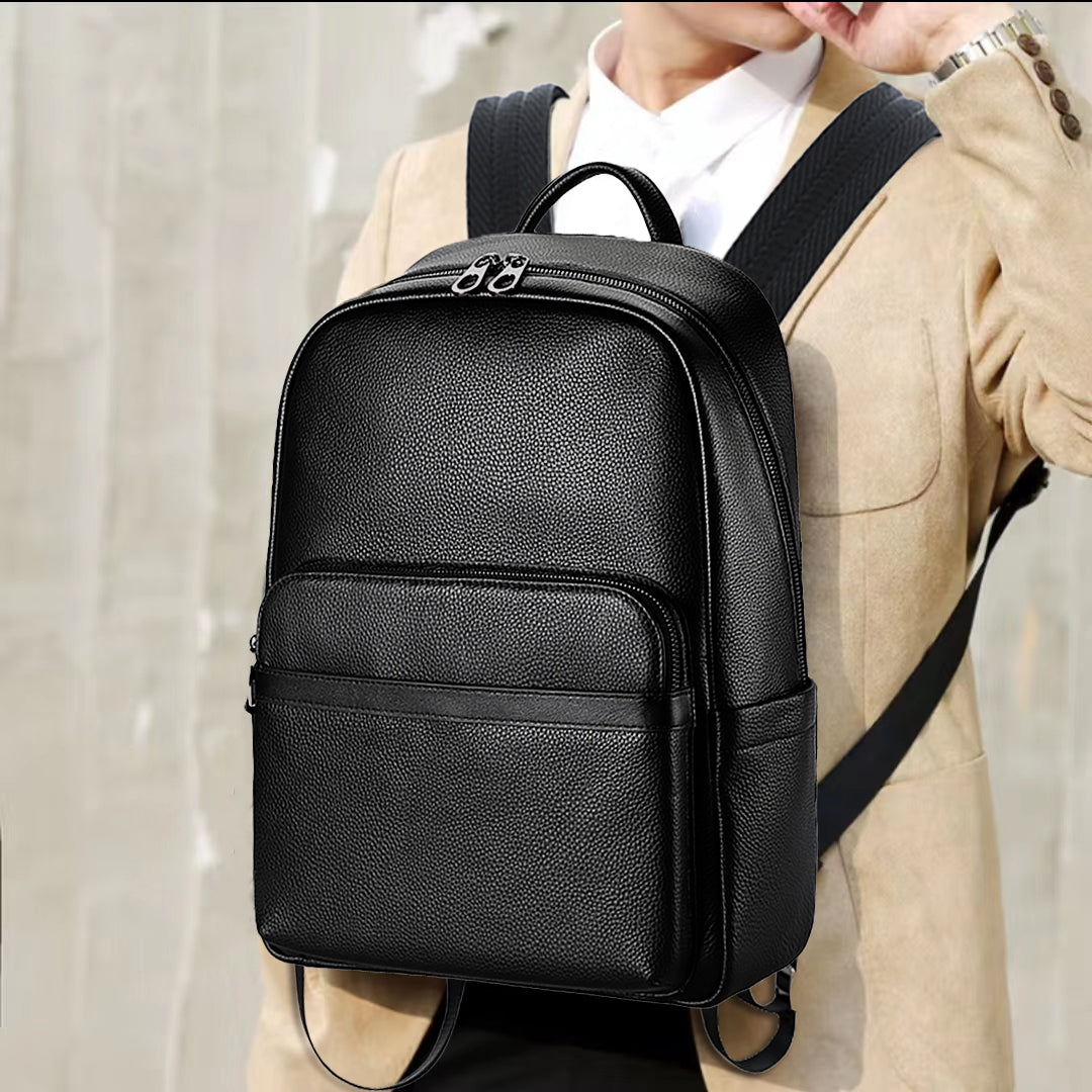 Luxury Leather Zip Laptop Backpack