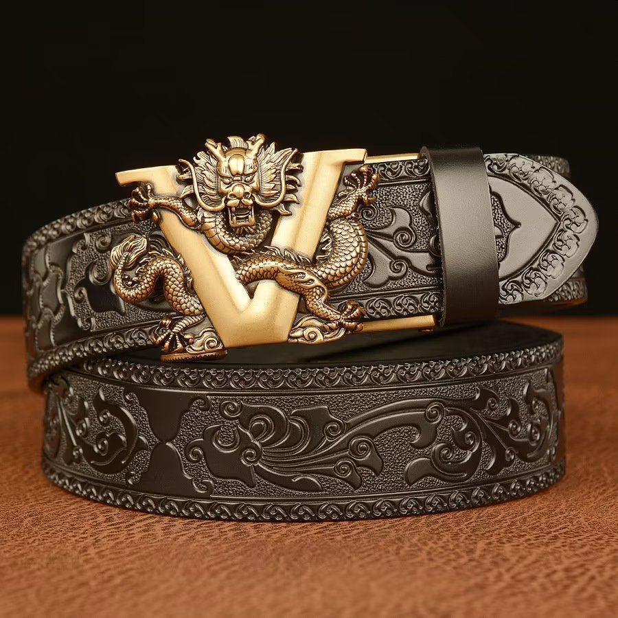 Genuine Leather Men Belt Designer Dragon V Buckle Cowboy Luxury Belts for  Men